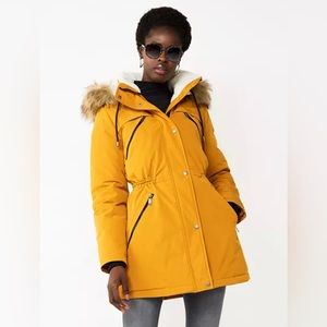 Nine West Sherpa trim parka coat. Marigold color.